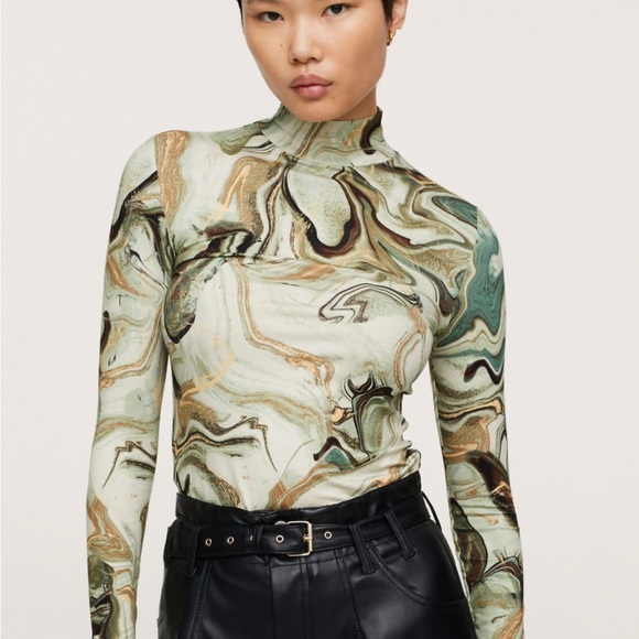 Mango Tops - Mango long sleeved mesh top in marble print in green size Large